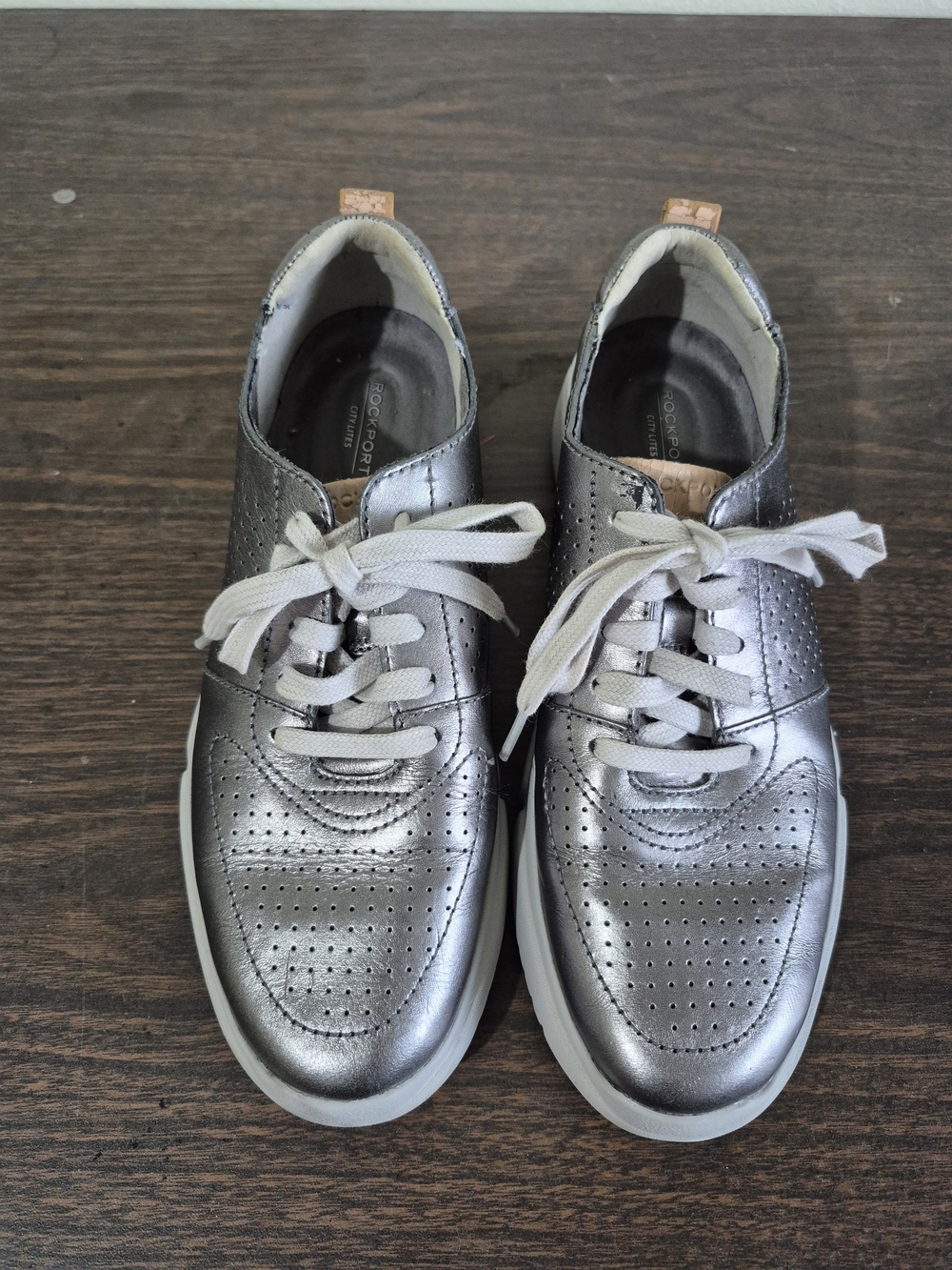 Rockport Women Metallic Silver Leather Lace-Up Sneakers